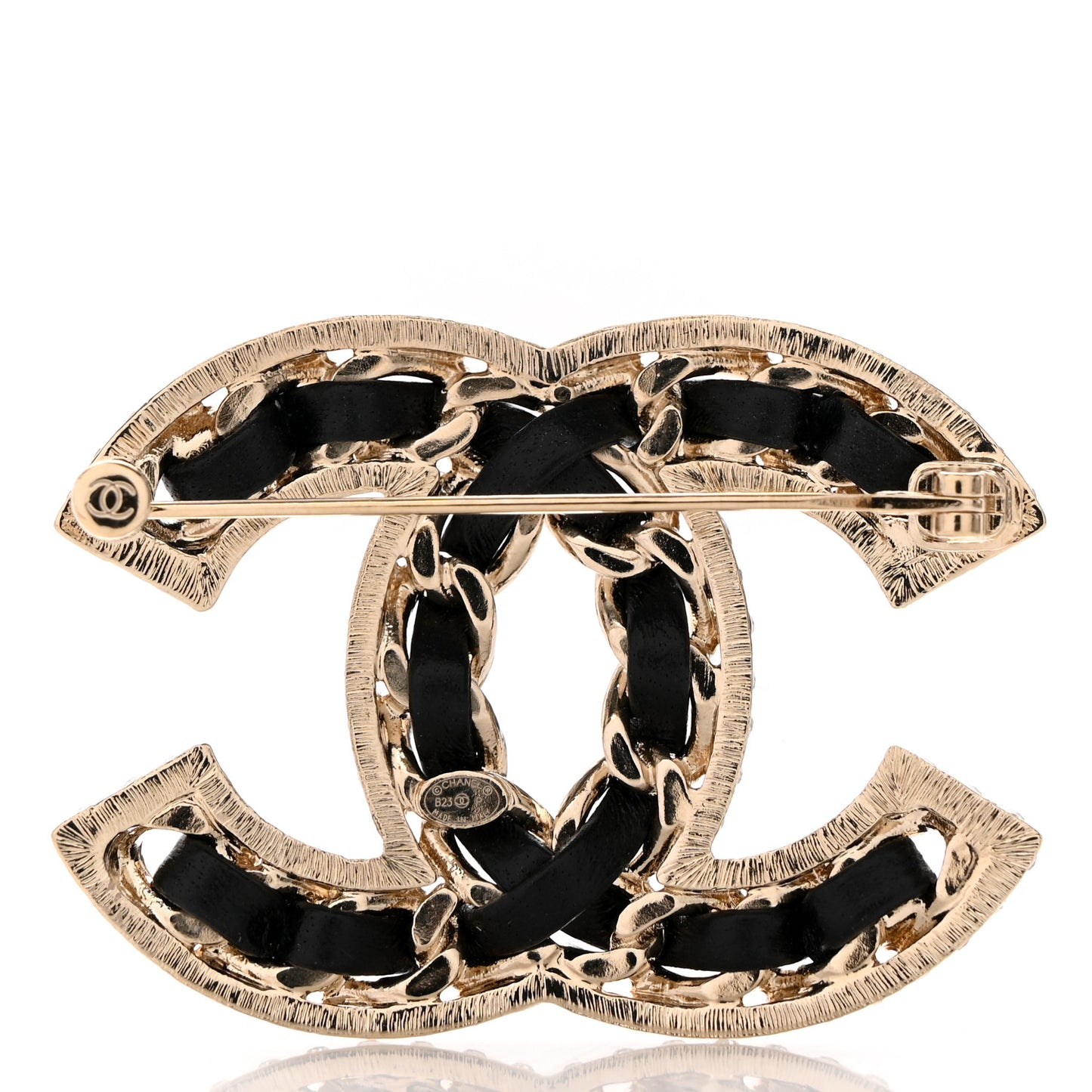 Lambskin Crystal CC Chain Brooch Black Gold