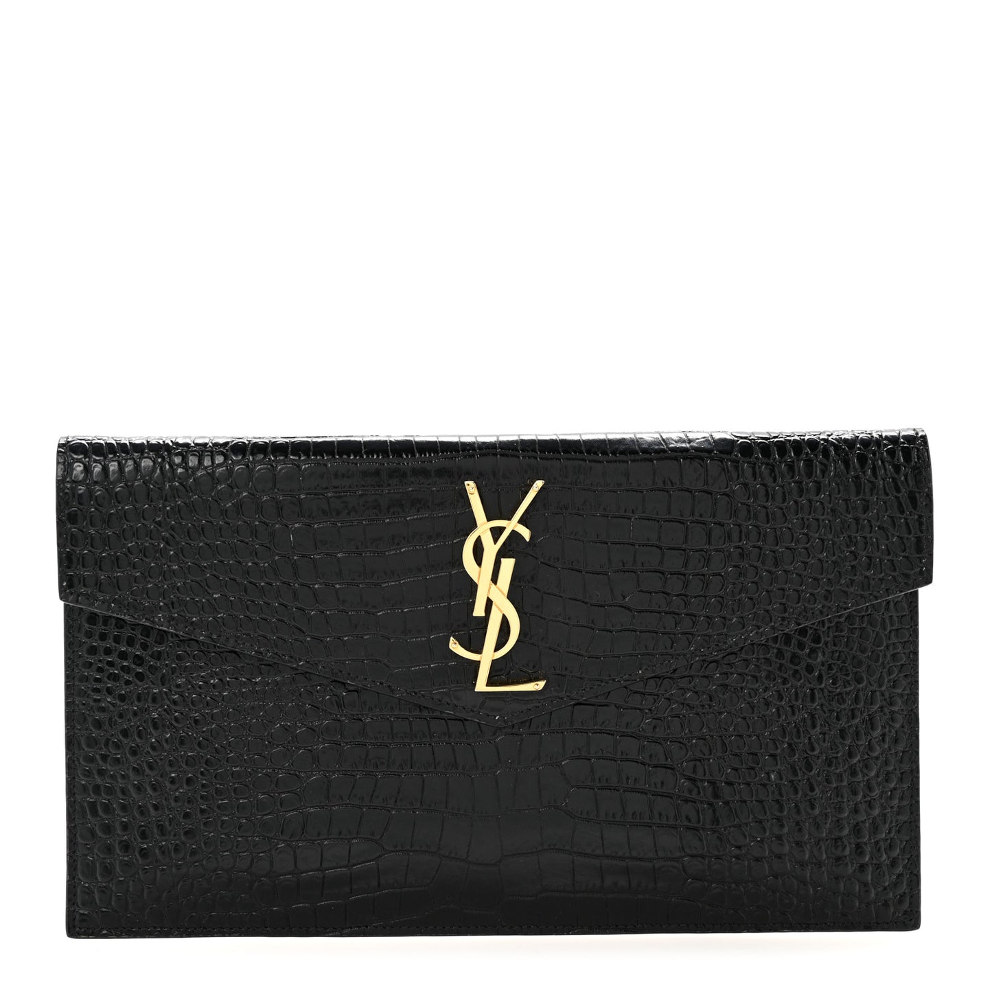 Calfskin Crocodile Embossed Uptown Monogram Clutch Black