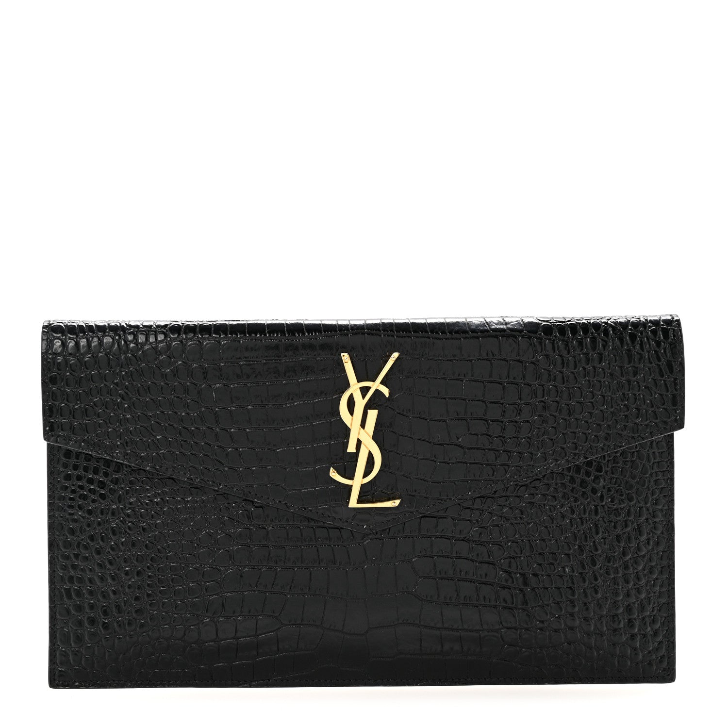 Saint Laurent Calfskin Crocodile Embossed Uptown Monogram Clutch Black 1 of 15