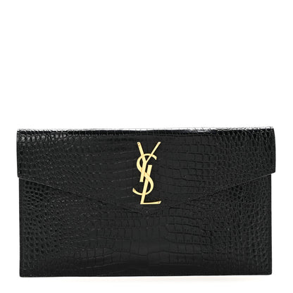 Saint Laurent Calfskin Crocodile Embossed Uptown Monogram Clutch Black 1 of 15