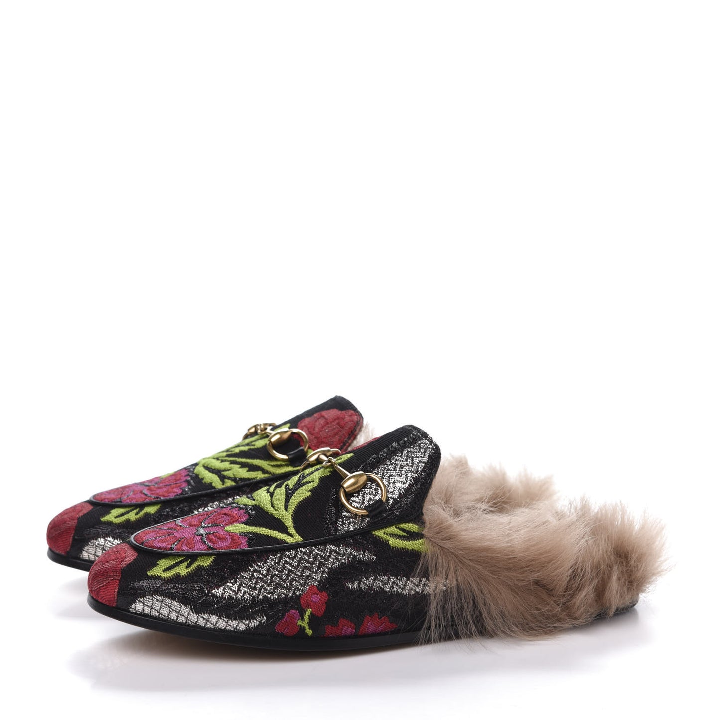 Brocade Fur Floral Womens Princetown Slippers 35 Black Anthracite
