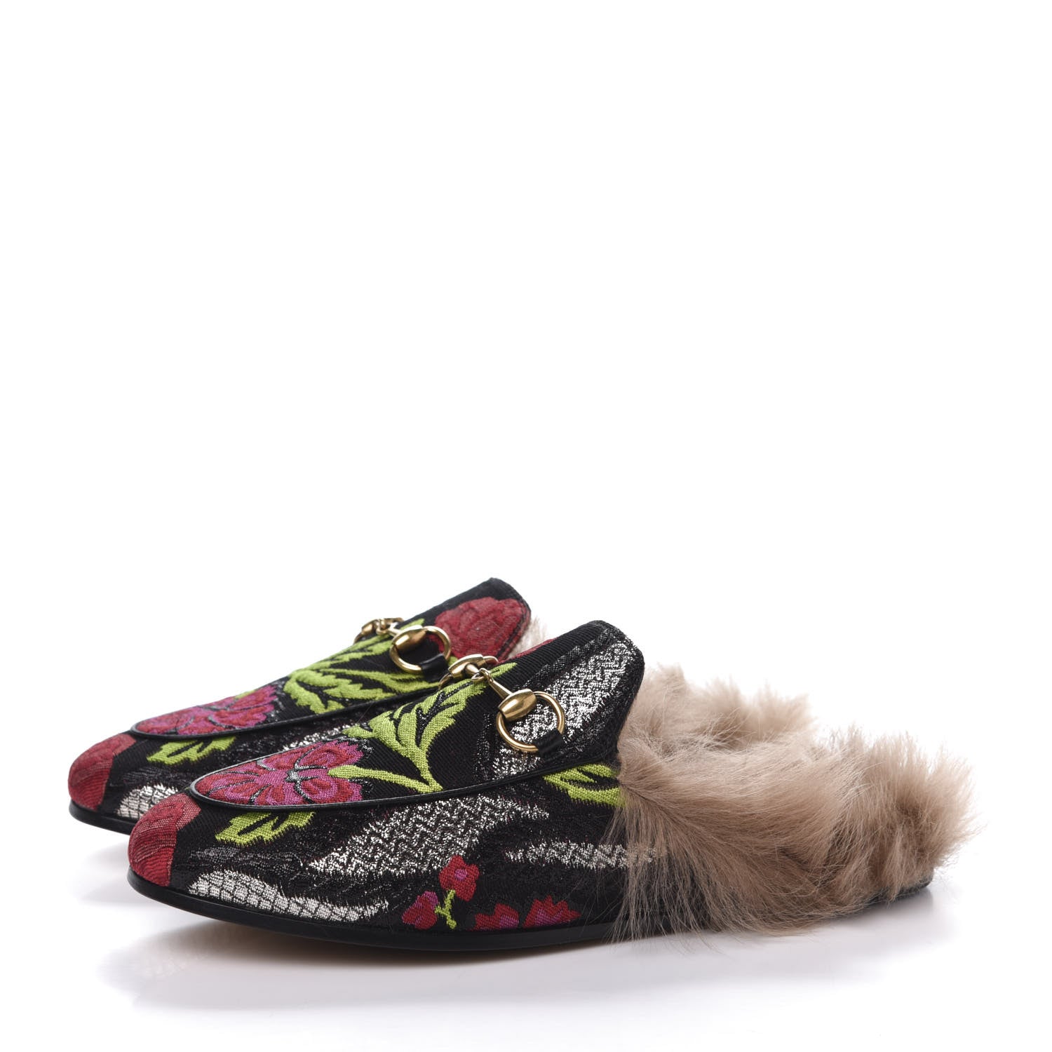 Gucci Brocade Fur Floral Womens Princetown Slippers 35 Black Anthracite 3 of 8