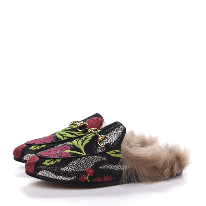 Gucci Brocade Fur Floral Womens Princetown Slippers 35 Black Anthracite 3 of 8