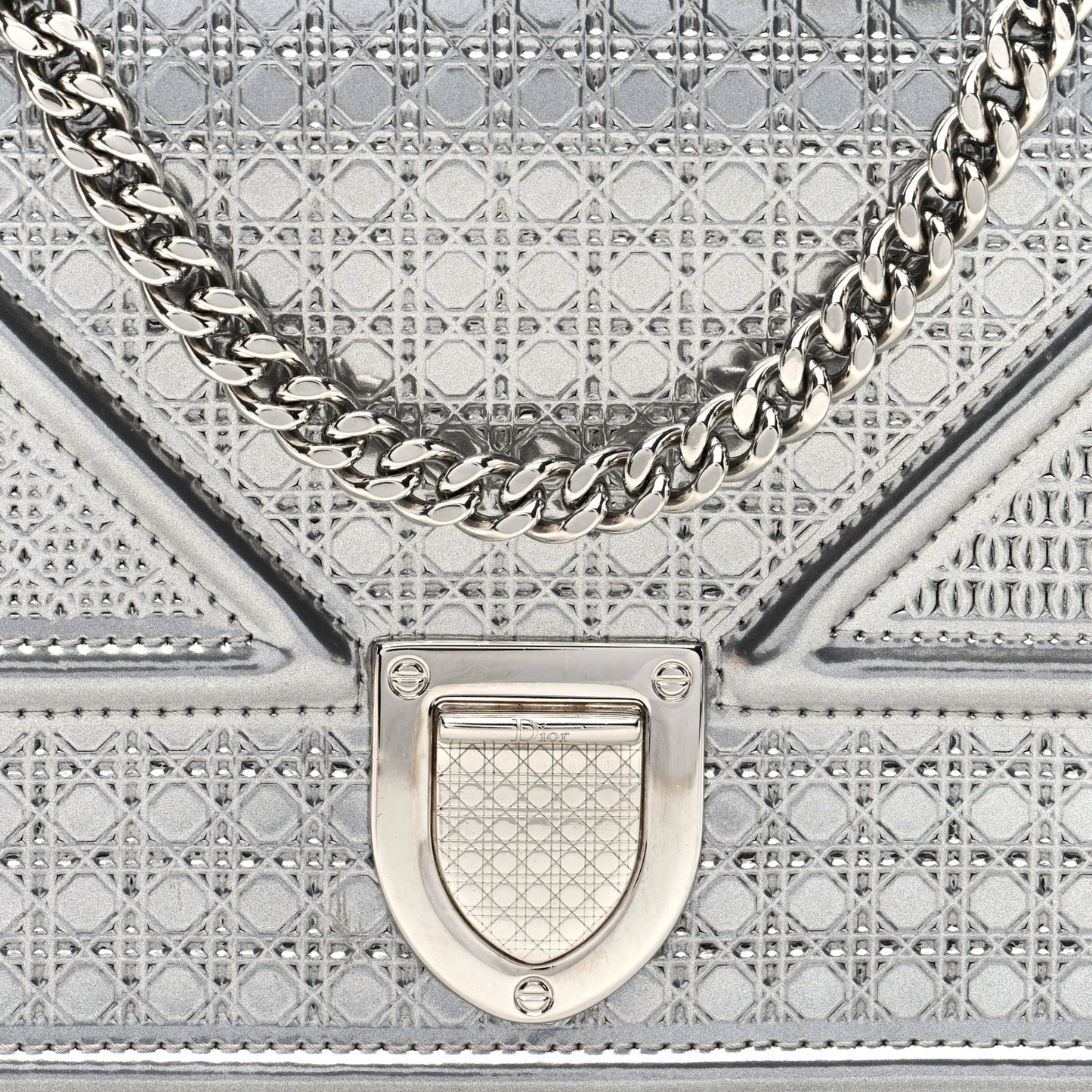 Metallic Patent Micro-Cannage Diorama Wallet on Chain Pouch Silver