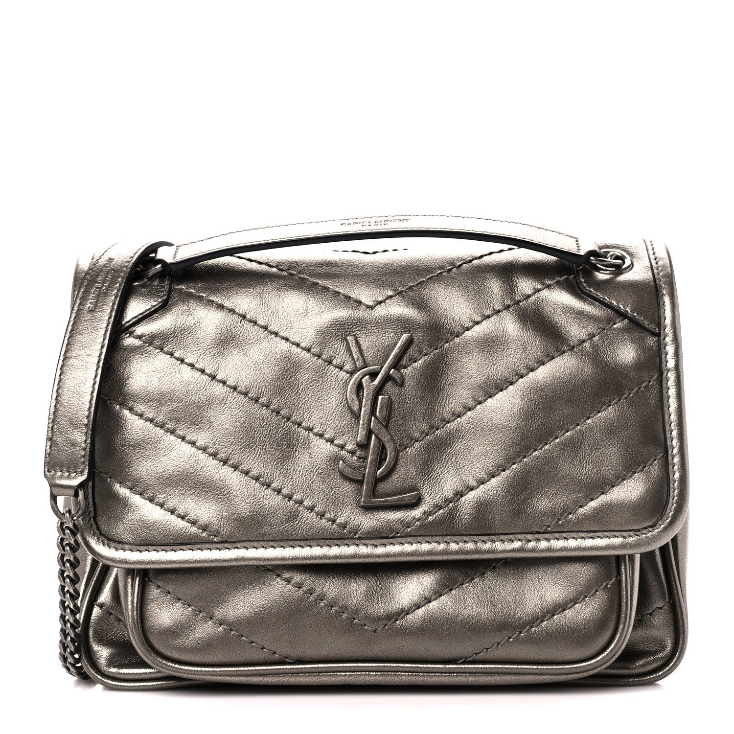 Saint Laurent Crinkled Calfskin Matelasse Monogram Baby Niki Chain Satchel Platinum 1 of 11