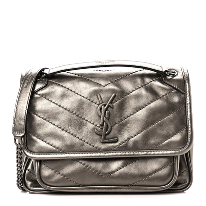 Saint Laurent Crinkled Calfskin Matelasse Monogram Baby Niki Chain Satchel Platinum 1 of 11