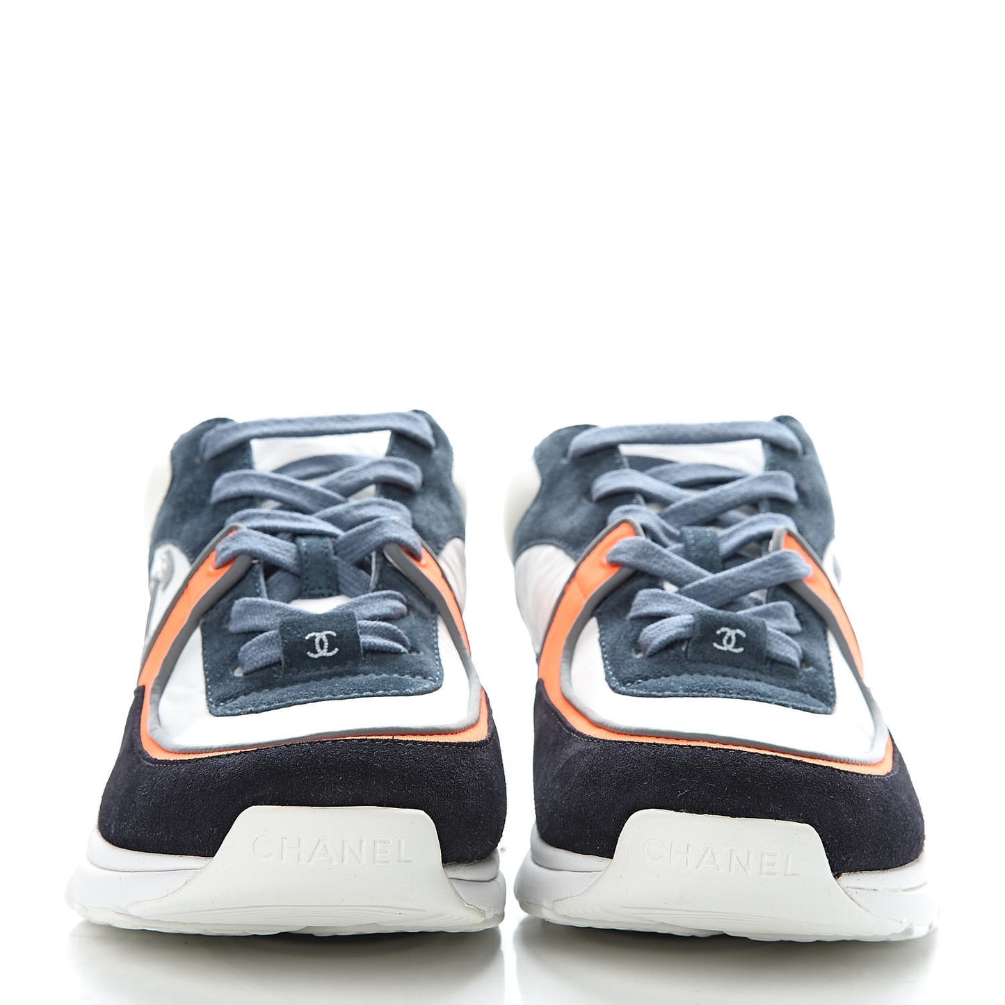 Nylon Calfskin Suede CC Womens Sneakers 38 Navy White Orange