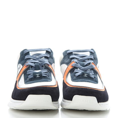 Chanel Nylon Calfskin Suede CC Womens Sneakers 38 Navy White Orange 2 of 9