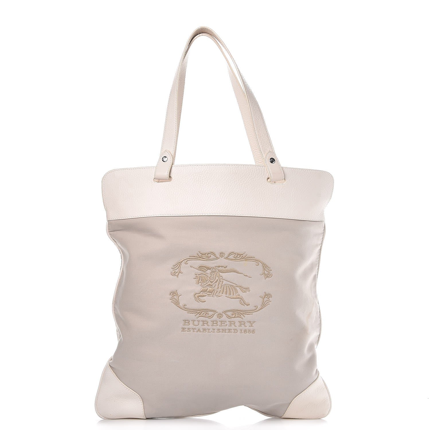 Burberry Canvas Calfskin Crest Embroidered Flat Tote White 1 of 15