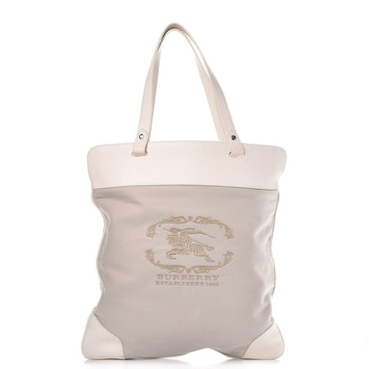 Burberry Canvas Calfskin Crest Embroidered Flat Tote White 1 of 15