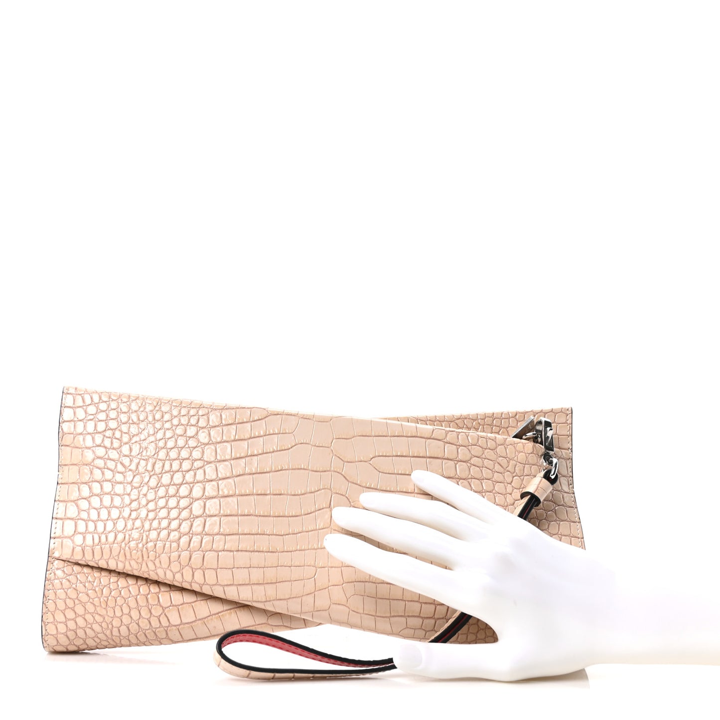 Crocodile Embossed Calfskin Loubi Twist Zip Clutch Bag Beige