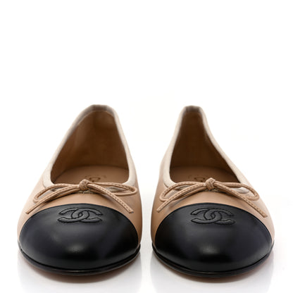 Chanel Lambskin Cap Toe CC Ballerina Flats 40 Beige Black 2 of 9