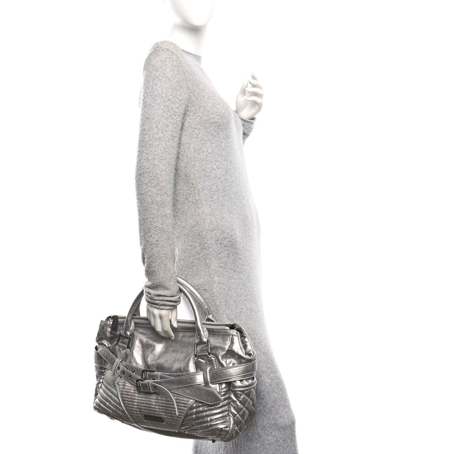 Burberry Metallic Calfskin Winnieford Satchel Silver 2 of 9