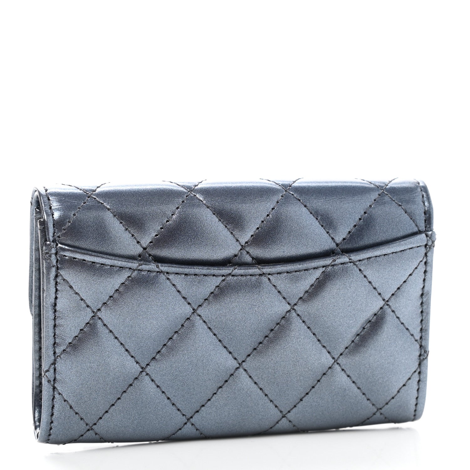 Chanel Metallic Lambskin Quilted Flap Card Holder Wallet Dark Blue 3 of 9