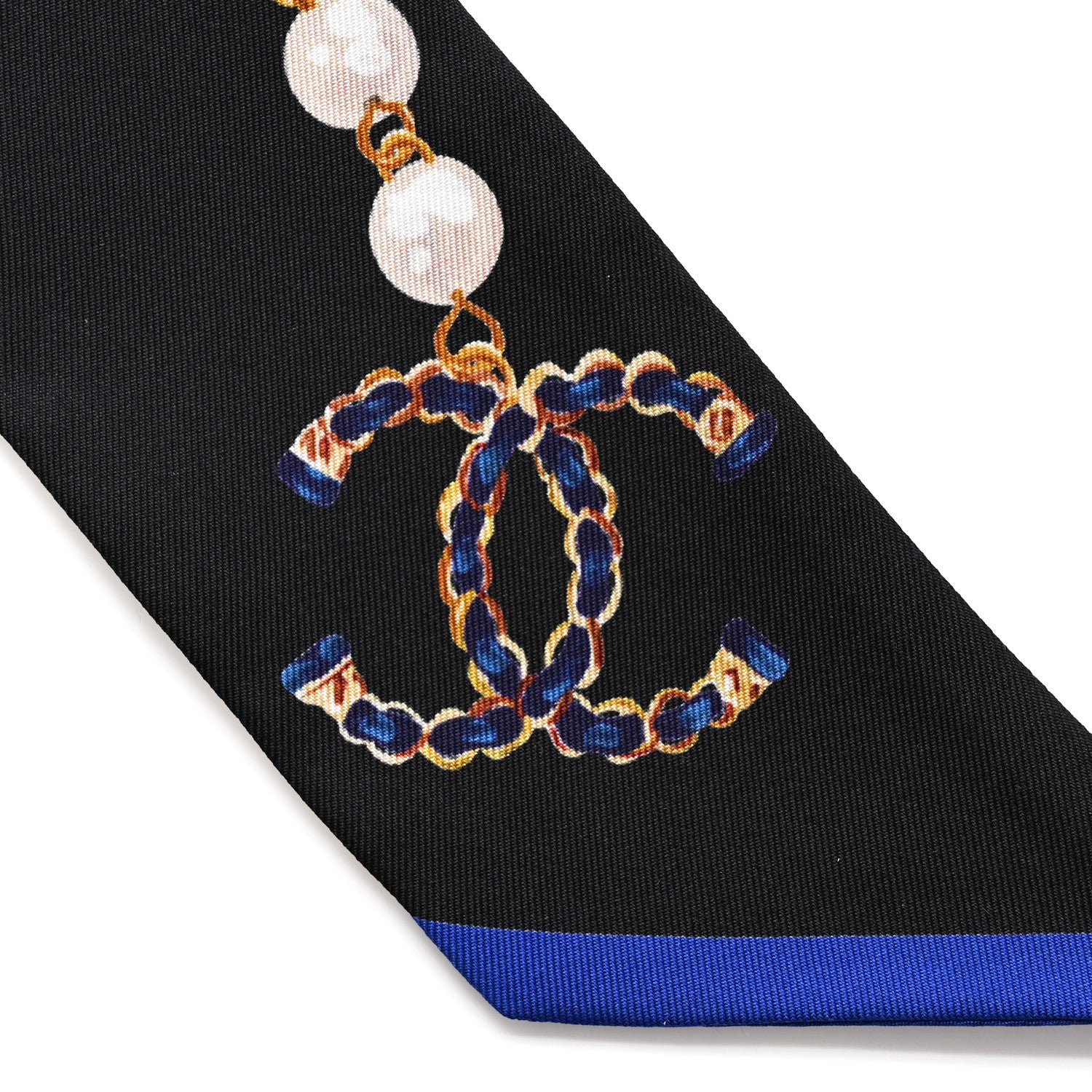Chanel Silk Pearl CC Chain Slim Bandeau Scarf Dark Grey Blue Ecru 2 of 4