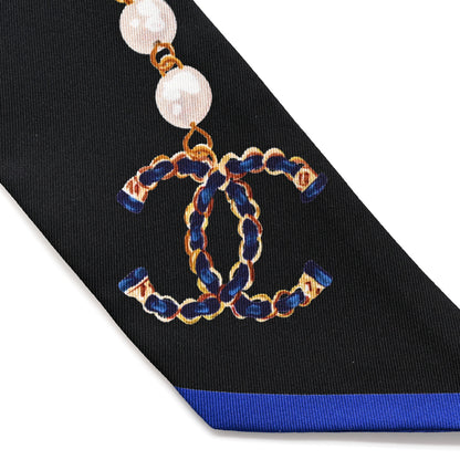 Chanel Silk Pearl CC Chain Slim Bandeau Scarf Dark Grey Blue Ecru 2 of 4