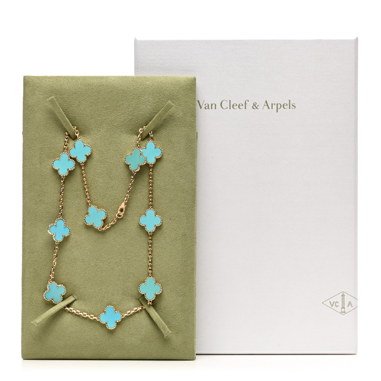 18K Yellow Gold Turquoise 10 Motifs Vintage Alhambra Necklace