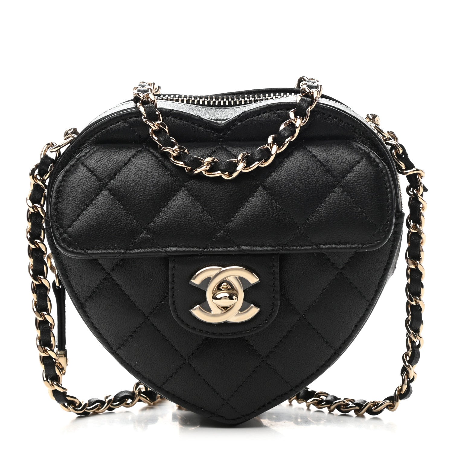 Chanel Lambskin Quilted CC In Love Heart Clutch With Chain Black 1 of 10