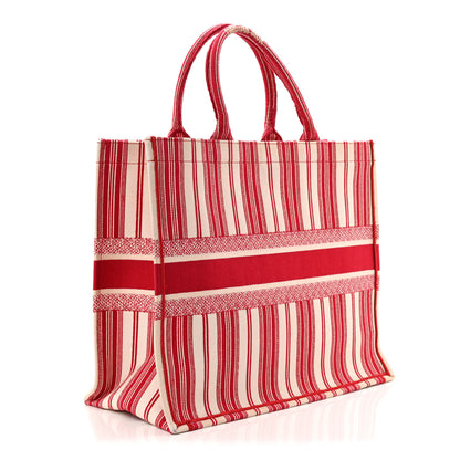 Christian Dior Canvas Embroidered Mykonos Large Striped Book Tote Red 3 of 11