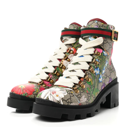 Gucci GG Supreme Monogram Flora Lace Up Combat Ankle Boots 39.5 Beige Multicolor Red 3 of 11