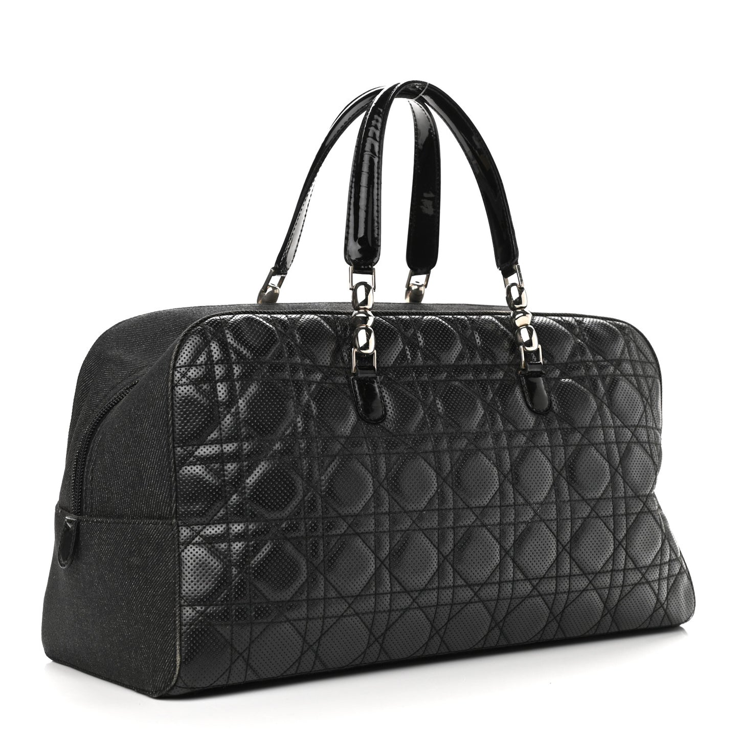 Denim Patent Perforated Cannage Satchel Black