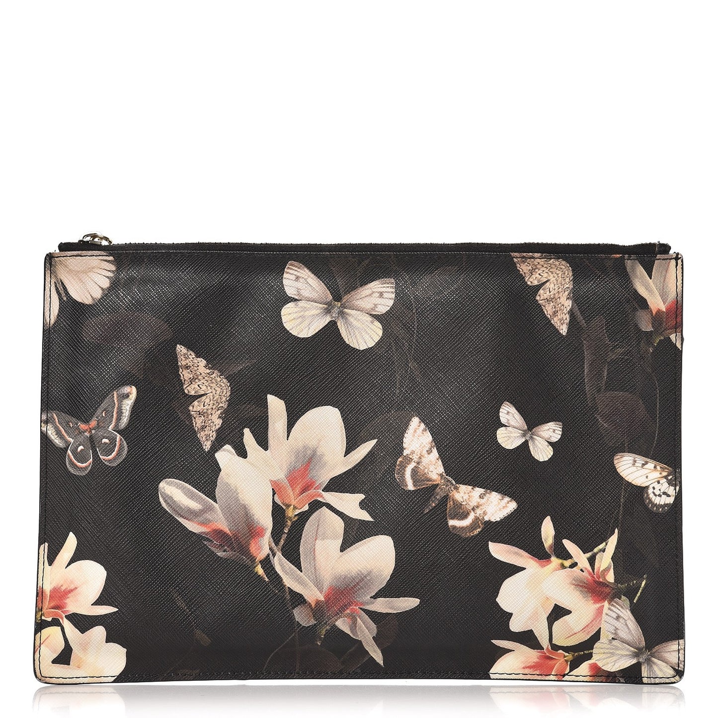 Textured Coated Canvas Magnolia and Moth Print Large Zip Pouch Black
