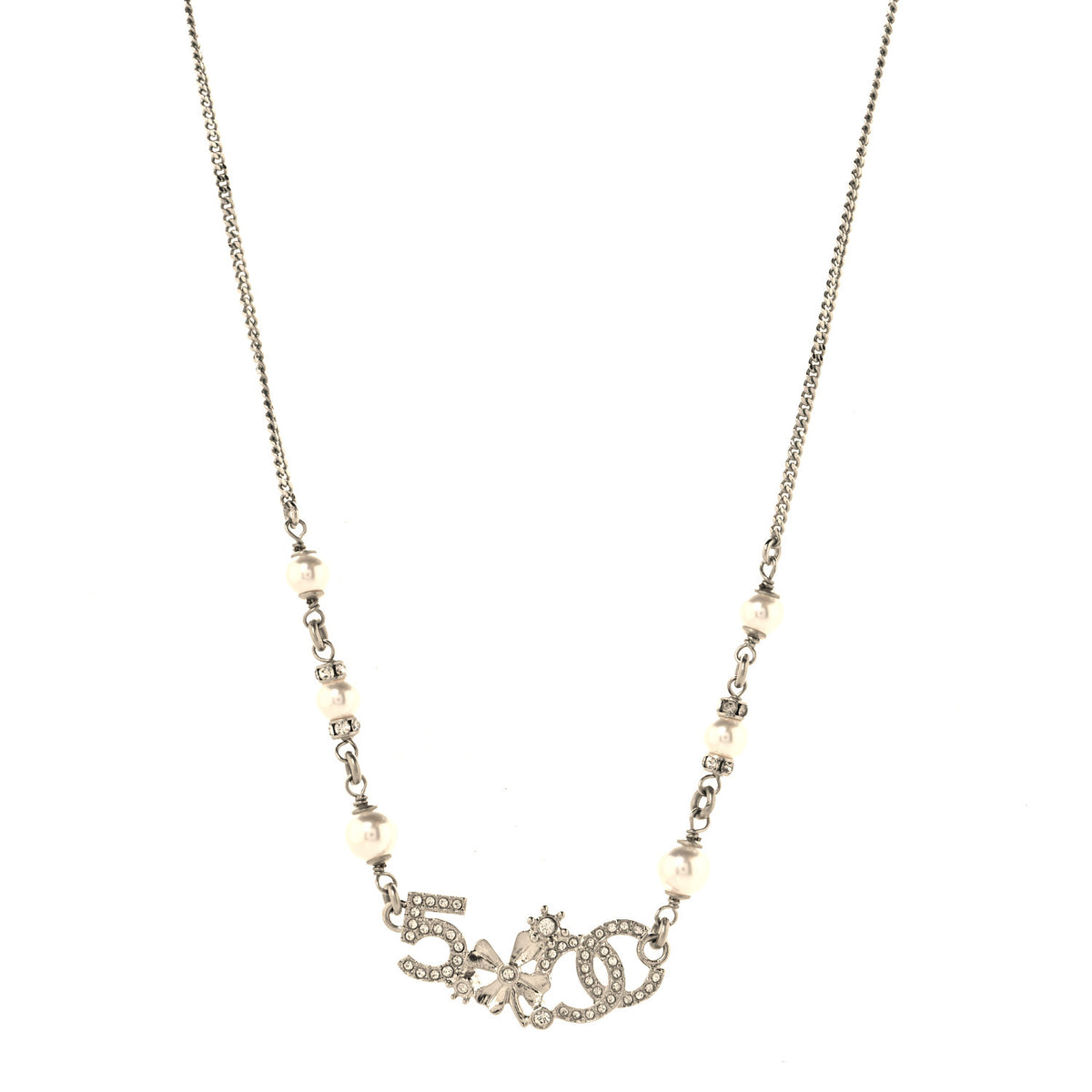 Crystal Pearl Star 5 CC Necklace Silver White