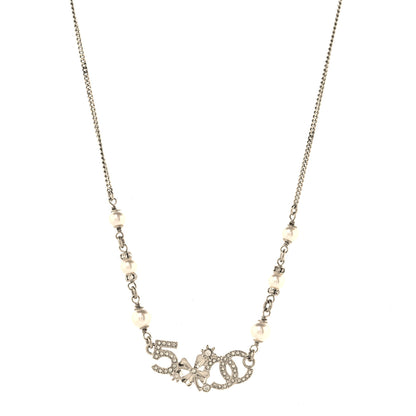 Chanel Crystal Pearl Star 5 CC Necklace Silver White 1 of 5