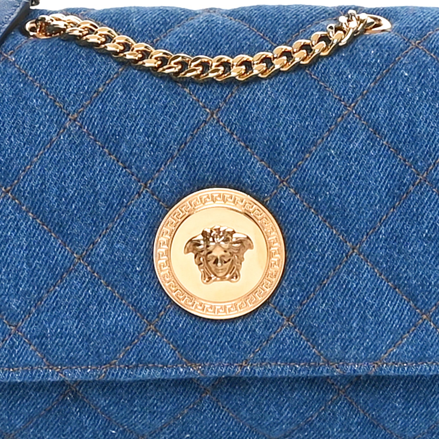 Versace Denim Quilted La Medusa Small Shoulder Bag Blue 7 of 9