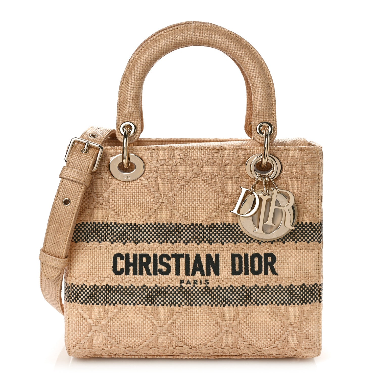 Christian Dior Raffia Woven Cannage Embroidered Medium Lady D-Lite Natural Black 1 of 8