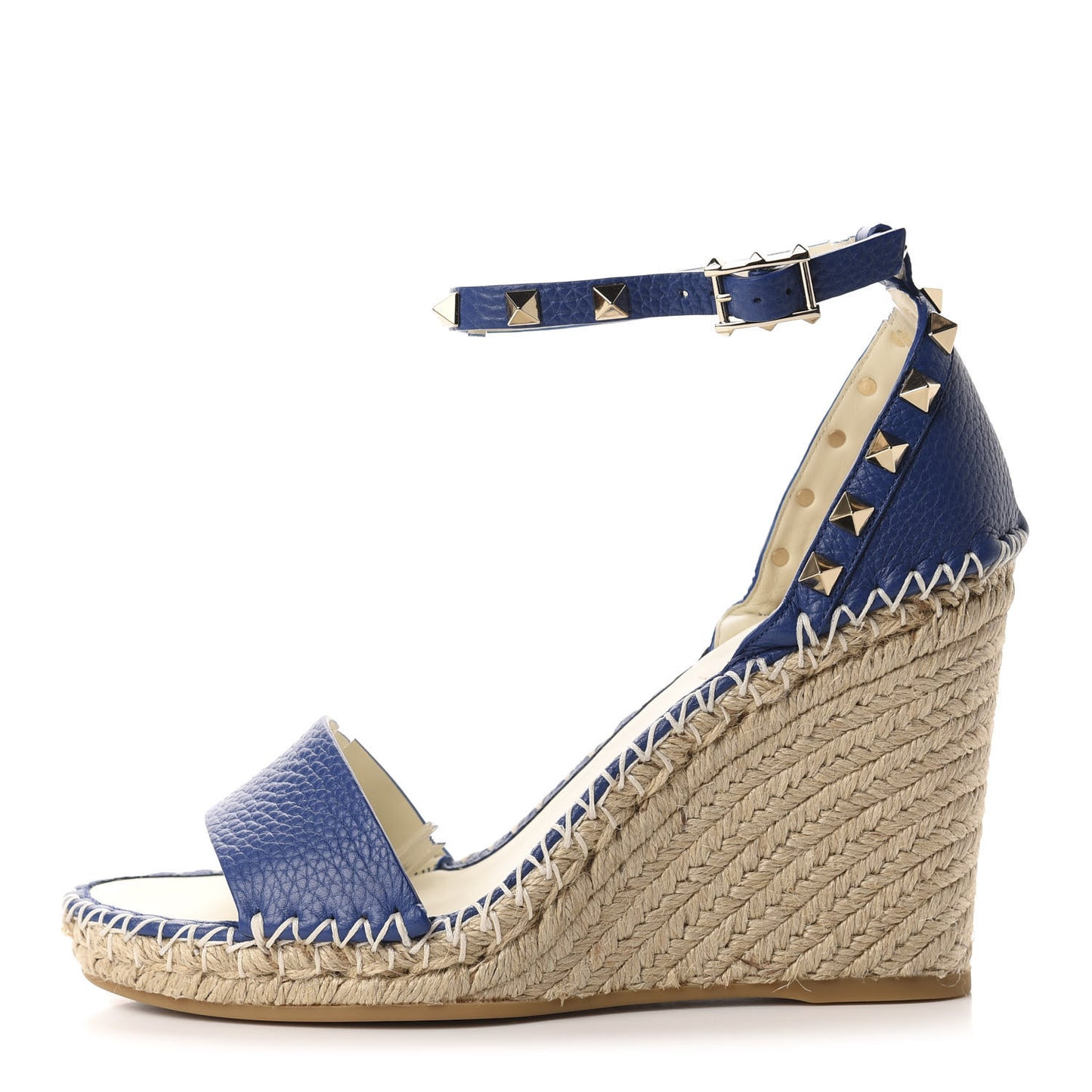 Grained Calfskin Rockstud Ankle Strap Espadrille 15/105mm Wedge Sandals 38 Blu Delft Natural