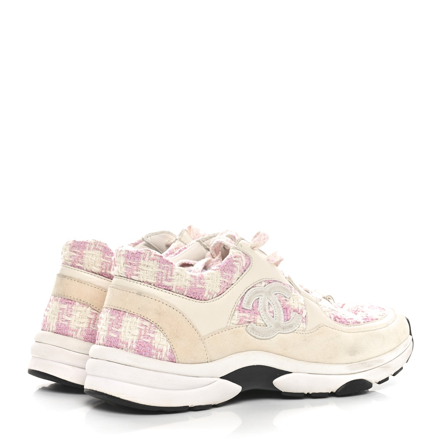 Tweed Suede Calfskin Womens CC Sneakers 38.5 Pink Ecru