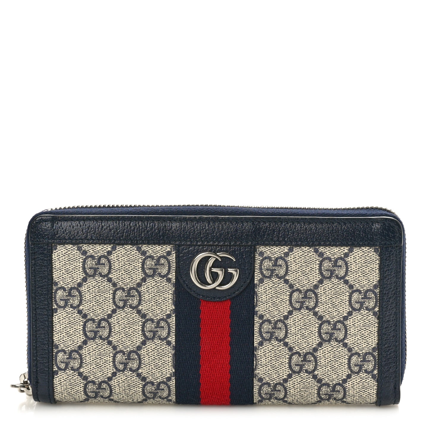GG Supreme Monogram Textured Dollar Calfskin Web Ophidia Zip Around Wallet Beige Blue