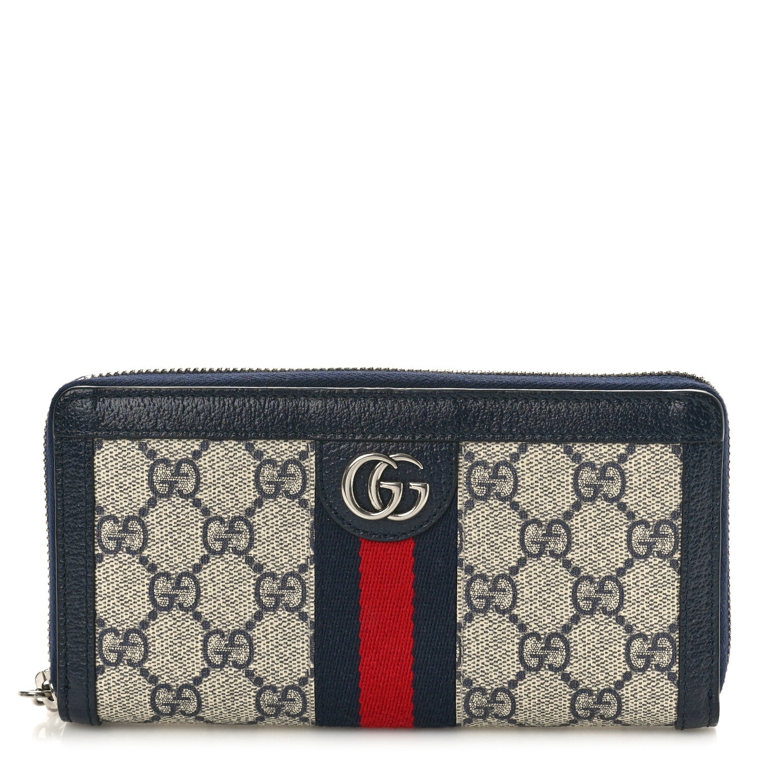 Gucci GG Supreme Monogram Textured Dollar Calfskin Web Ophidia Zip Around Wallet Beige Blue 1 of 7