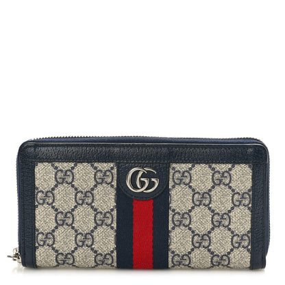 Gucci GG Supreme Monogram Textured Dollar Calfskin Web Ophidia Zip Around Wallet Beige Blue 1 of 7