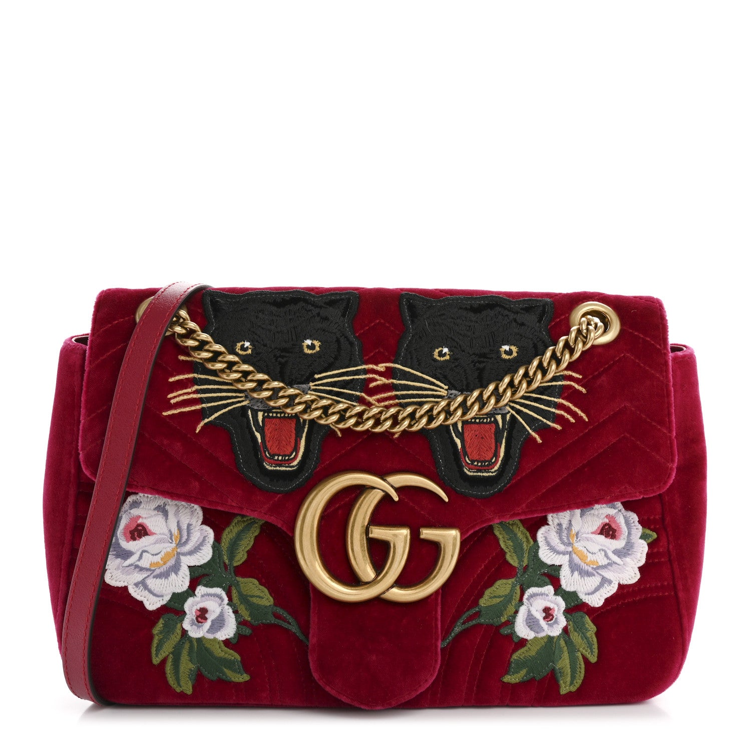 Gucci Velvet Matelasse Panther Embroidered Medium GG Marmont Shoulder Bag Raspberry Rose 1 of 12