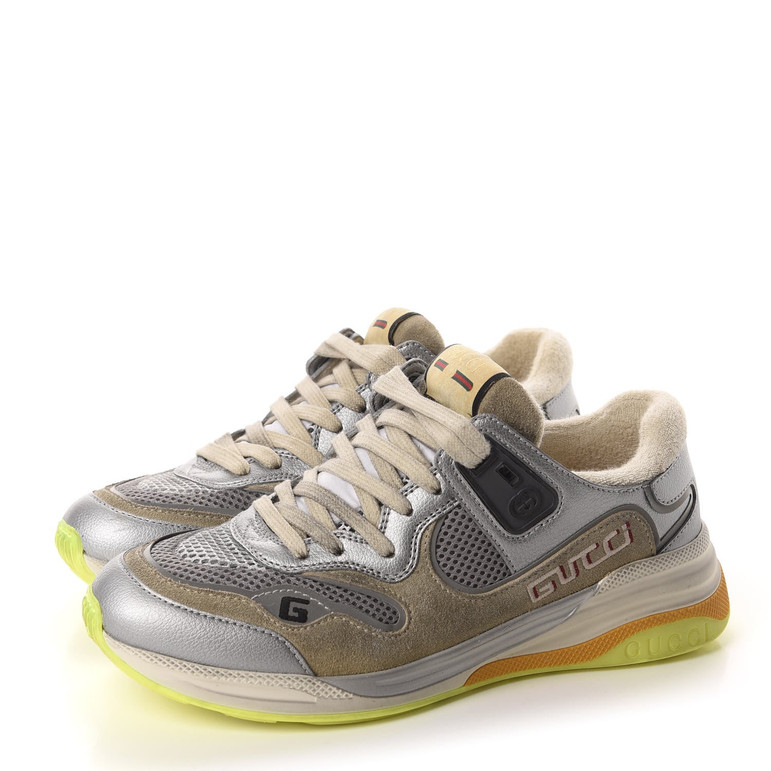 Gucci Metallic Calfskin Suede Womens Ultrapace Sneakers 37 Silver Oatmeal 3 of 10