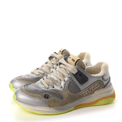 Gucci Metallic Calfskin Suede Womens Ultrapace Sneakers 37 Silver Oatmeal 3 of 10