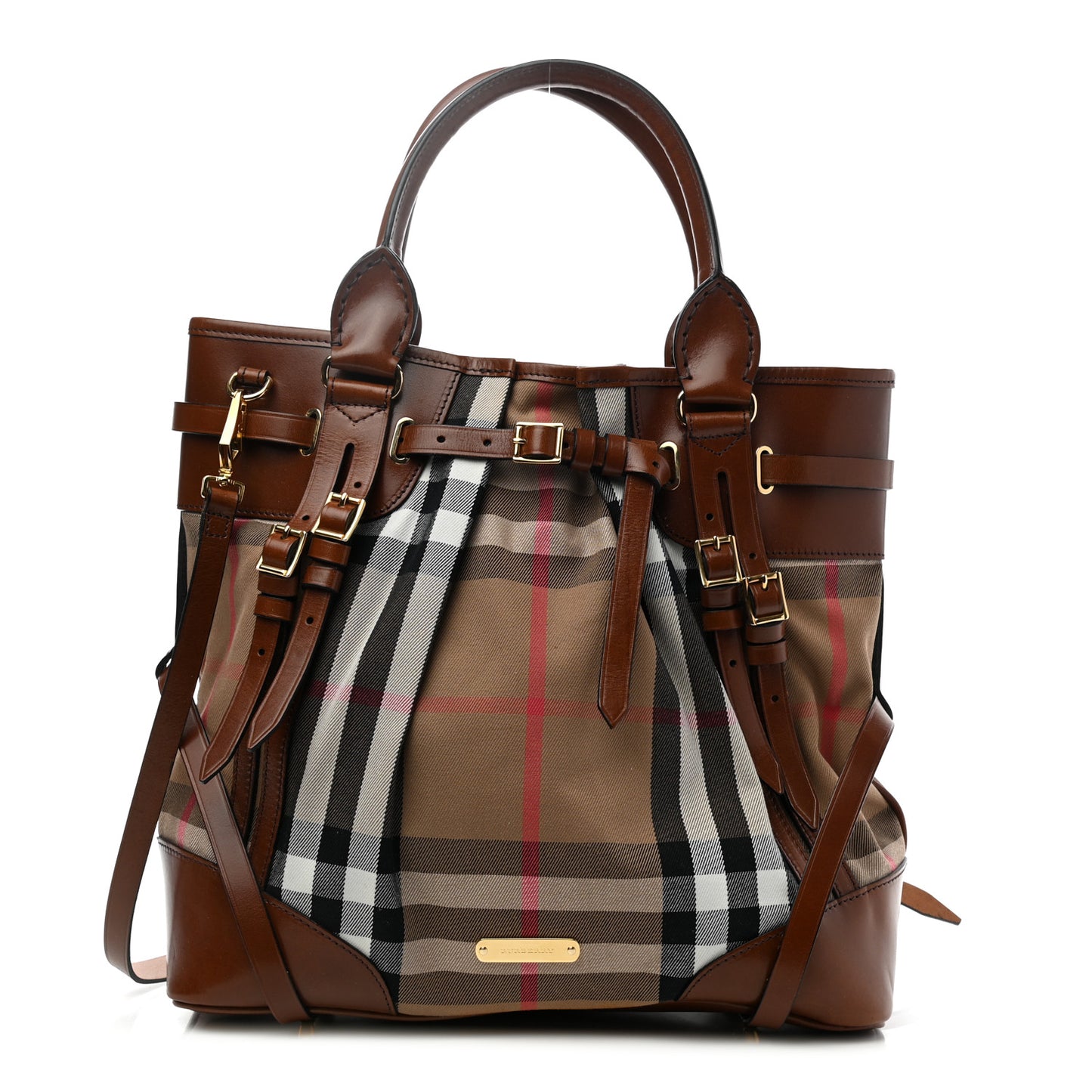 Bridle Calfskin House Check Medium Whipstitch Tote Dark Tan