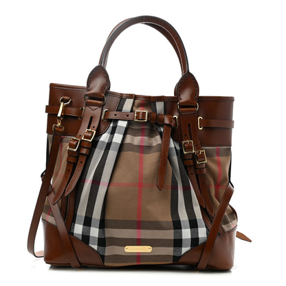 Burberry Bridle Calfskin House Check Medium Whipstitch Tote Dark Tan 1 of 10