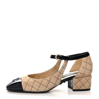 Chanel Suede Kidskin Patent Cap Toe Quilted Mary Jane Flats 39.5 Beige Black 1 of 8
