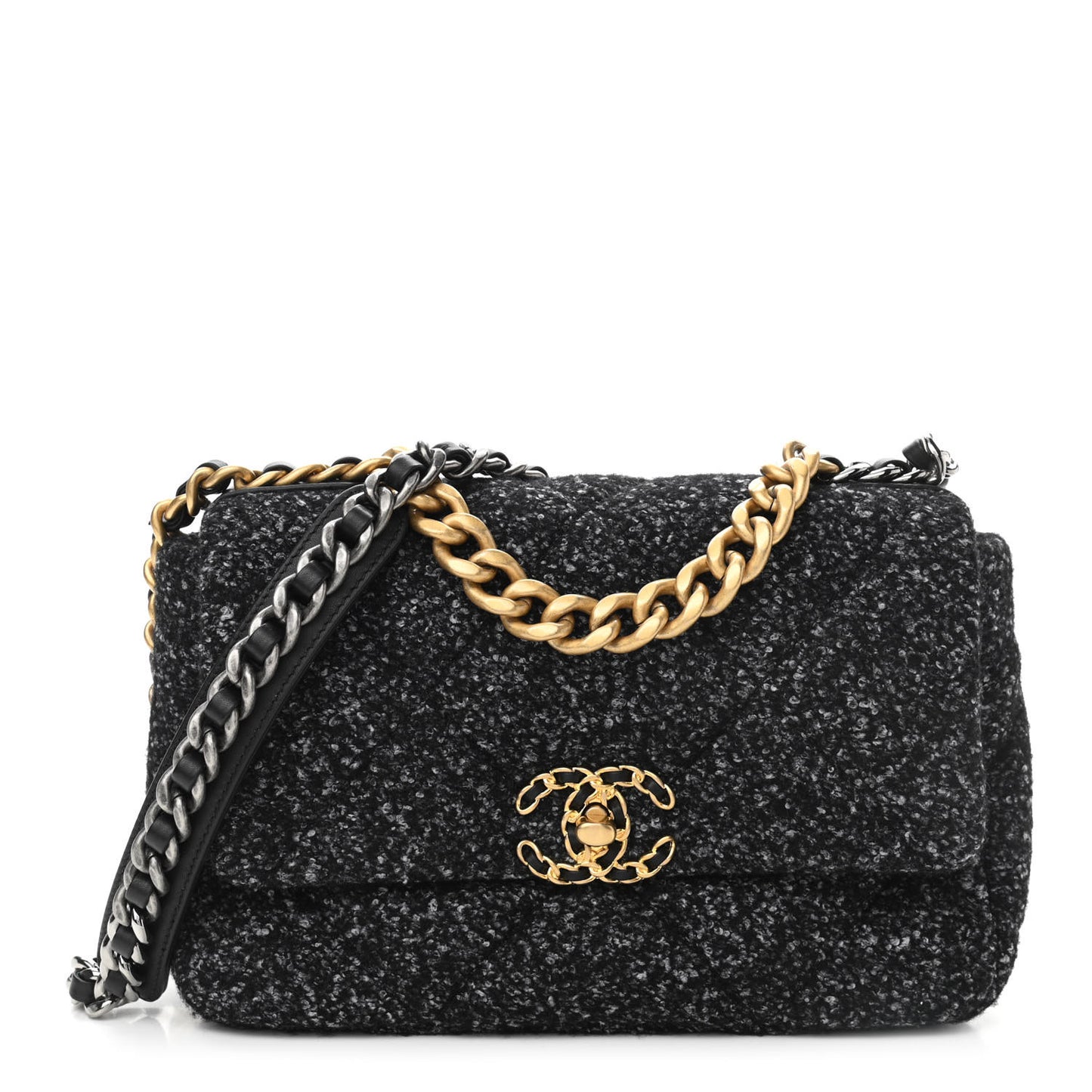 Tweed Quilted Medium Chanel 19 Flap Black Grey