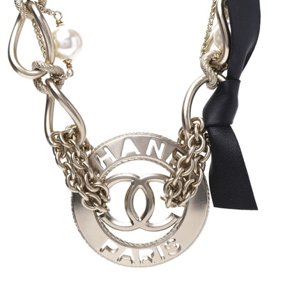 Chanel Metal Pearl Chain CC Paris Pendant Necklace Light Gold 4 of 8
