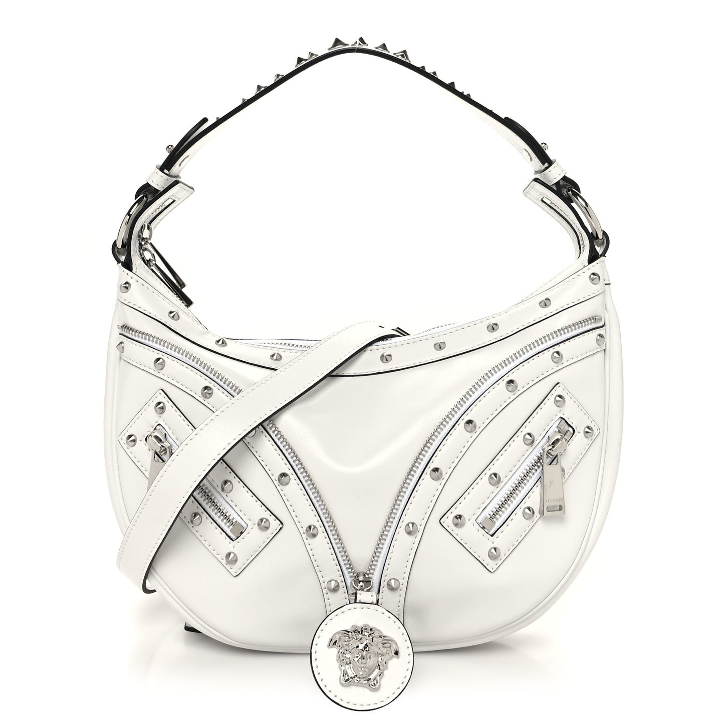 Calfskin Studded Small Repeat Zip Hobo White