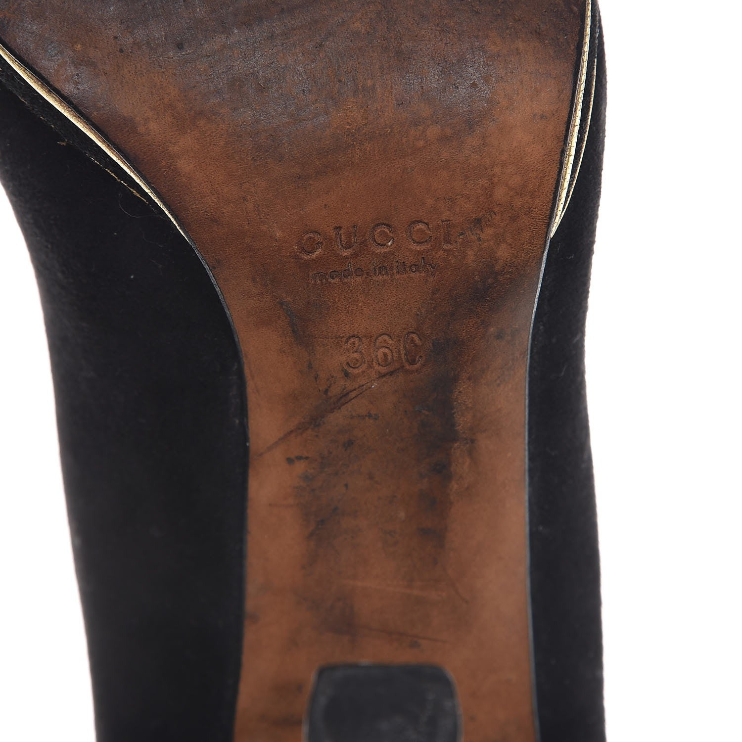 Gucci Suede Ankle Strap Peep Toe Pumps 36 Nero Black Gold 8 of 10