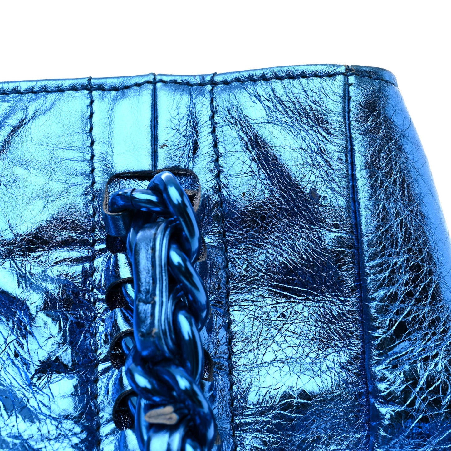 Metallic Cracked Calfskin Modern Chain Tote Blue