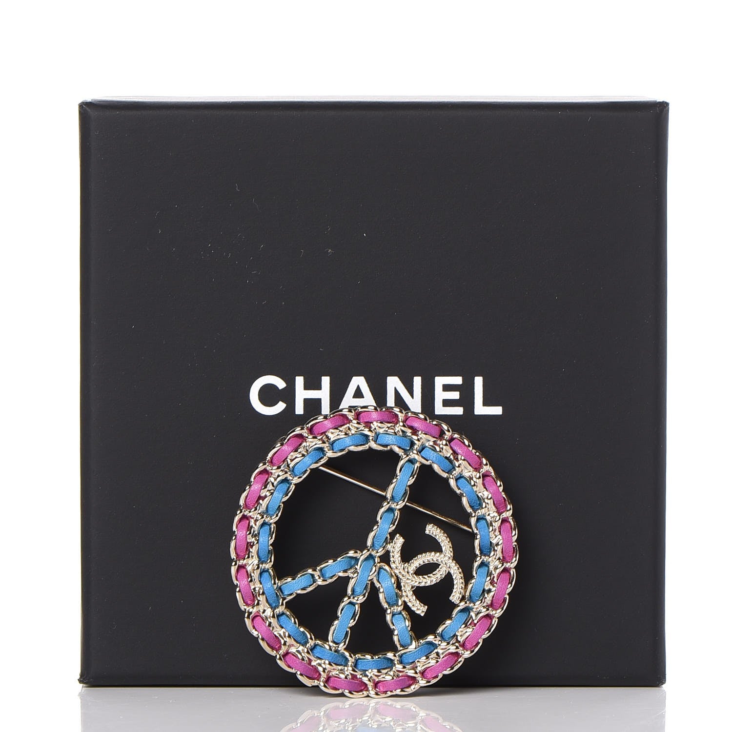 Chanel Metal Calfskin Chain Peace Sign CC Brooch Blue Purple Gold 5 of 5