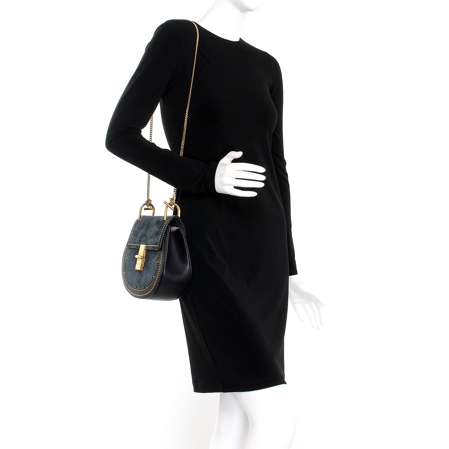 Suede Smooth Calfskin Studded Drew Shoulder Bag Full Blue