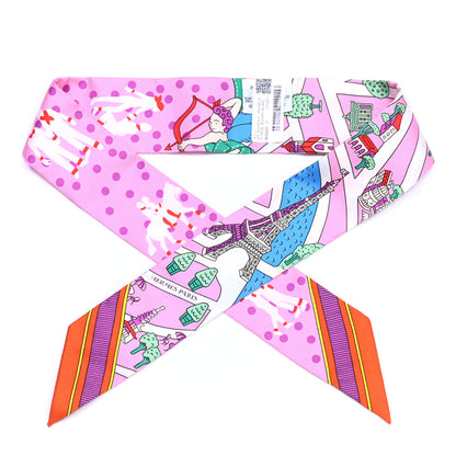 Hermes Silk Les Nouveaux Amoureux de Paris Twilly Rose Buvard White Vert 1 of 4