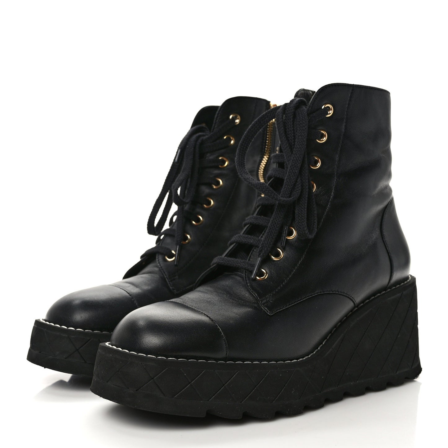 Lambskin Quilted Lace Up Wedge Combat Boots 39.5 Black